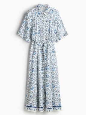 H&M Tie belt Blue & White Printed Shirtwaist Dress M